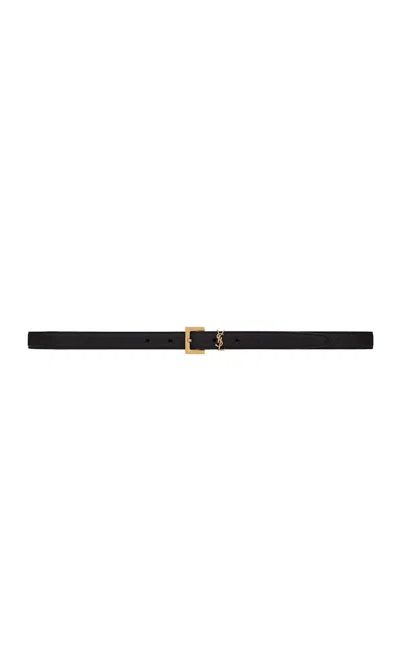 Pre-owned Saint Laurent Men's  Cassandre Thin Belt With Square Buckle In Grained Leather In Black