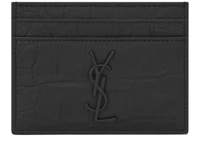 Pre-owned Saint Laurent Men's  Monogram Card Case Crocodile Embossed Leather In Black