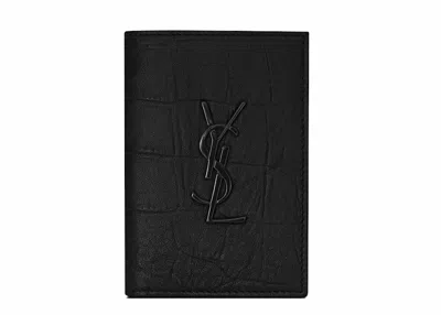 Pre-owned Saint Laurent Men's  Monogram Credit Card Wallet Crocodile Embossed Leather In Black