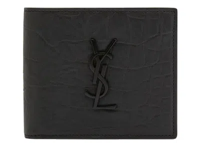 Pre-owned Saint Laurent Men's  Monogram Crocembossed Leather Bifold Wallet In Black