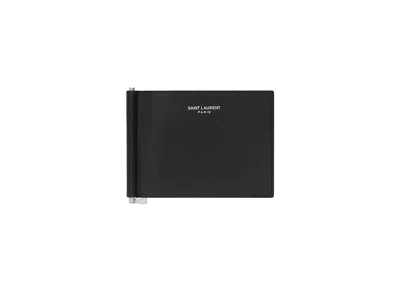 Pre-owned Saint Laurent Men's  Paris Bill Clip Wallet In Grain De Poudre Embossed Leather In Black
