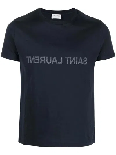 Pre-owned Saint Laurent Men's  Round Neck T-shirt In Marine/naturel