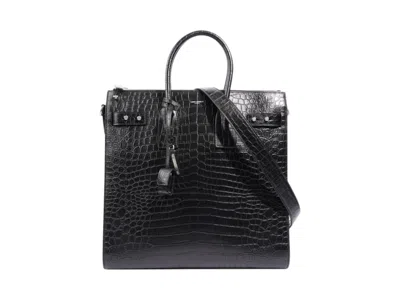 Pre-owned Saint Laurent Men's  Sac De Jour Croc Embossed Leather Bag In Black