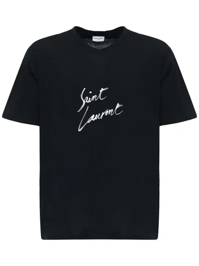 Pre-owned Saint Laurent Men's  Signature Logoprint Cotton T-shirt In Black