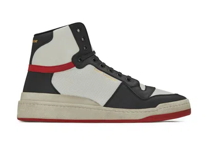 Pre-owned Saint Laurent Men's  Sl24 Mid Distressed Sneakers In Optic White/black/red