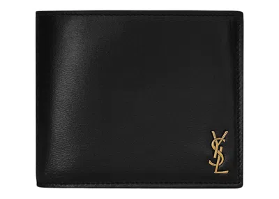Pre-owned Saint Laurent Men's  Tiny Cassandre East/west Bifold Wallet In Shiny Leather In Black