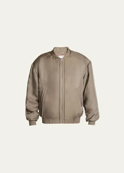 Saint Laurent Men's Satin Bomber Jacket In Kaki