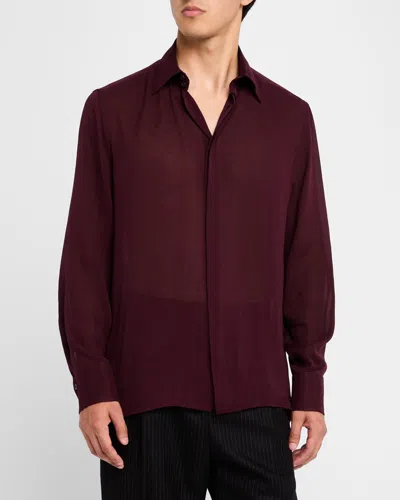 Saint Laurent Men's Sheer Crepe Button-down Shirt In Bordeaux