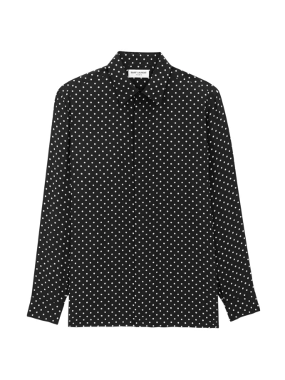 Saint Laurent Men's Shirt In Dotted Shiny And Matte Silk In Noir Craie
