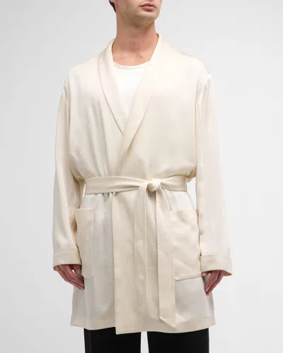 Saint Laurent Men's Short Satin Robe In Cream