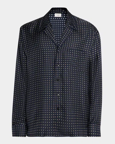Saint Laurent Men's Silk Micro-medallion Long-sleeve Pajama Shirt In Blue