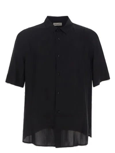 SAINT LAURENT MEN'S SILK SHIRT WITH CASSANDRE LOGO