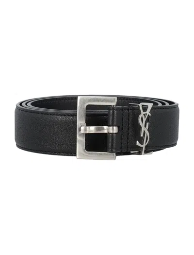 Saint Laurent Men's Ss24 Black Leather Belt By