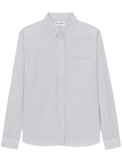 Saint Laurent Monogram Button-down Collar Striped Cotton-poplin Shirt In Blanc Noir