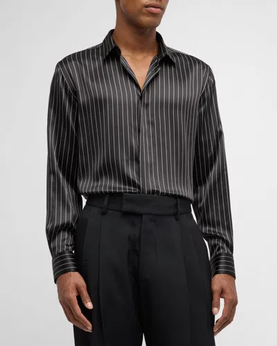 Saint Laurent Men's Striped Silk Dress Shirt In Rope Nero