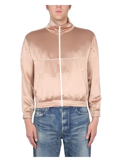 Saint Laurent Silk Sweatshirt With Logoed Zip Closure In Beige