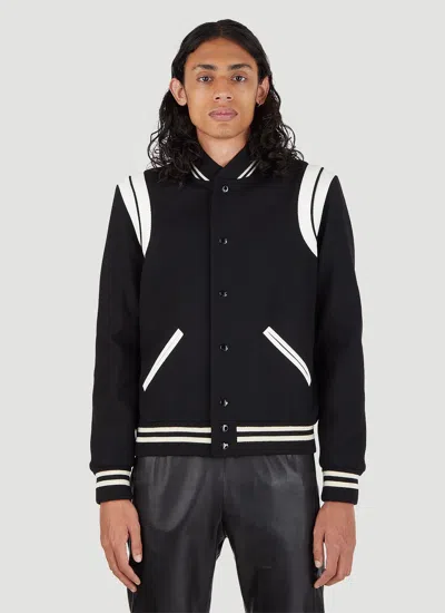 Saint Laurent Men Teddy Varsity Bomber Jacket In Black Blanc