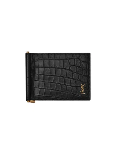 Saint Laurent Men's Tiny Cassandre Bill Clip Wallet In Crocodile-embossed Matte Leather In Black