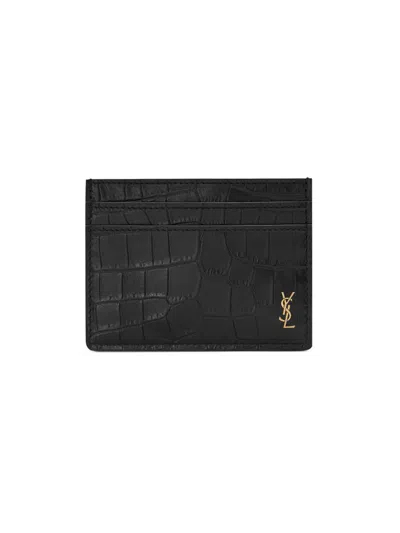 Saint Laurent Men's Tiny Cassandre Card Case In Crocodile-embossed Matte Leather In Black