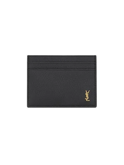 Saint Laurent Men's Tiny Cassandre Card Case In Grained Leather In Black