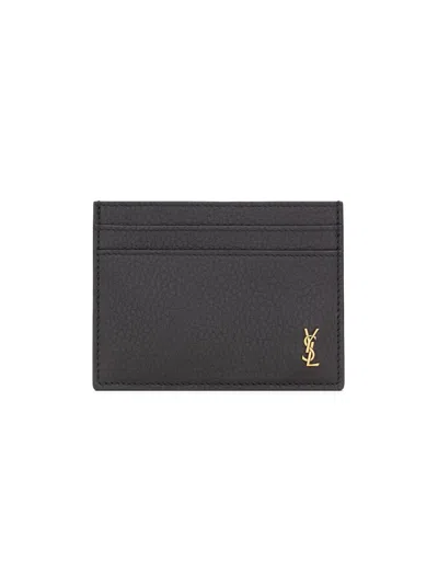 Saint Laurent Men's Tiny Cassandre Card Case In Grained Leather In Blue
