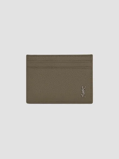Saint Laurent Men's Tiny Cassandre Card Case In Grained Leather In Brown