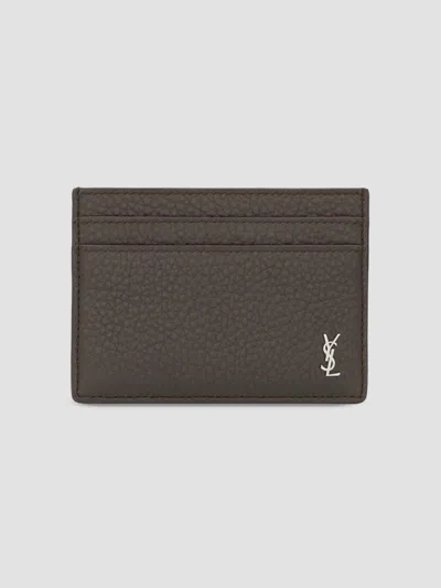 Saint Laurent Men's Tiny Cassandre Card Case In Grained Leather In Urban Grey
