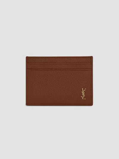 Saint Laurent Men's Tiny Cassandre Credit Card Case In Grained Leather In Brown