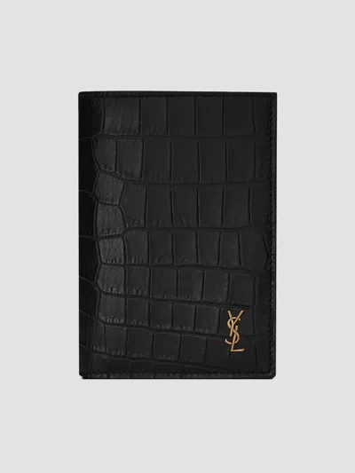 Saint Laurent Men's Tiny Cassandre Credit Card Wallet In Black
