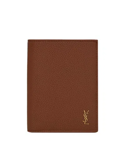 Saint Laurent Men's Tiny Cassandre Credit Card Wallet In Grained Leather In Brown