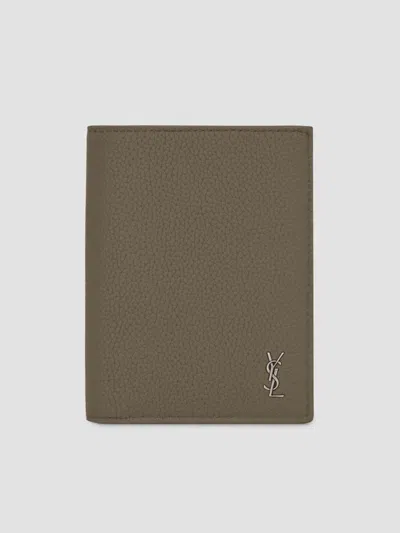 Saint Laurent Men's Tiny Cassandre Credit Card Wallet In Grained Leather In Brown