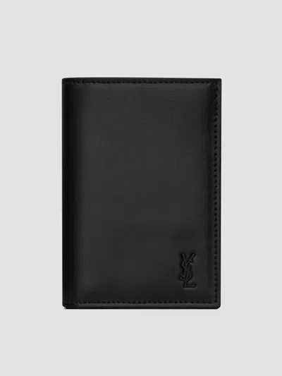 Saint Laurent Men's Tiny Cassandre Credit Card Wallet In Matte Leather In Black