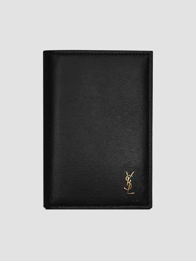 Saint Laurent Paris Men Tiny Cassandre Credit Card Wallet In Shiny Leather In Black