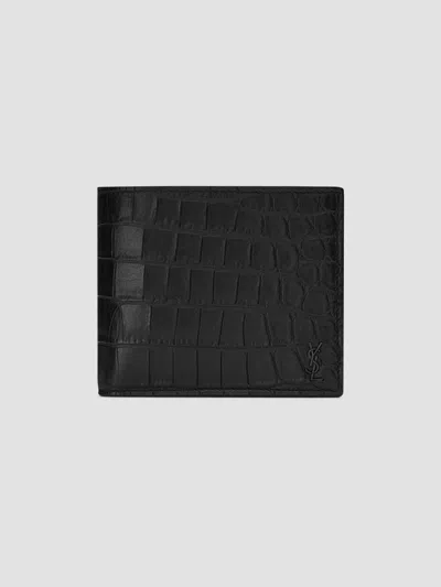 Saint Laurent Men's Tiny Cassandre East-west Wallet In Crocodile-embossed Leather In Black
