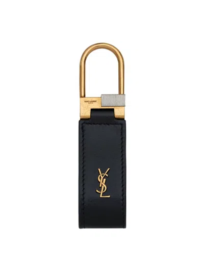 Saint Laurent Men's Tiny Cassandre Keyring In Smooth Leather In Black