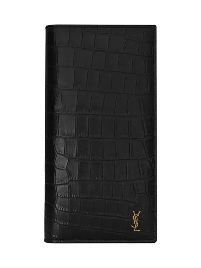 Saint Laurent Men's Tiny Cassandre Wallet In Crocodile-embossed Matte Leather In Black