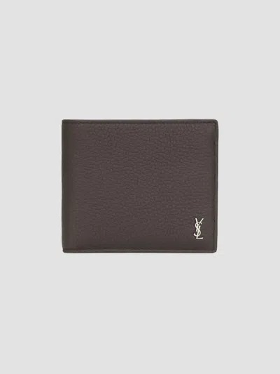 Saint Laurent Men's Tiny Cassandre Wallet With Coin Purse In Grained Leather In Brown