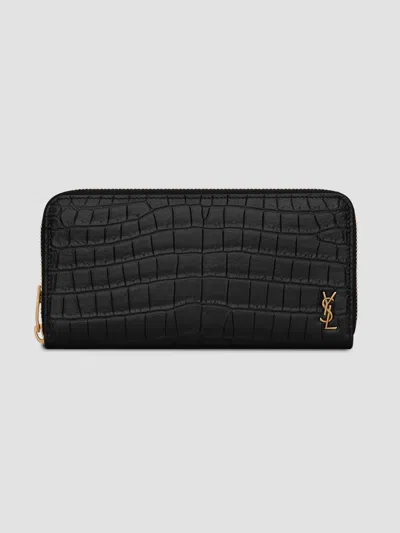 Saint Laurent Men's Tiny Cassandre Zip-around Wallet In Crocodile-embossed Leather In Black