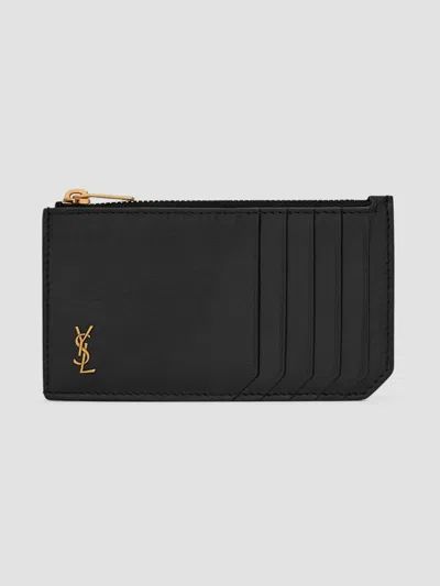 Saint Laurent Men's Tiny Cassandre Zipped Fragments Credit Card Case In Black