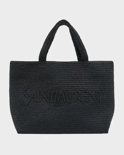 Saint Laurent Men's Tonal Logo Raffia Tote Bag In Nero