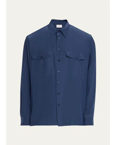 Saint Laurent Men's Viscose And Silk Double-pocket Button-down Shirt In Blue