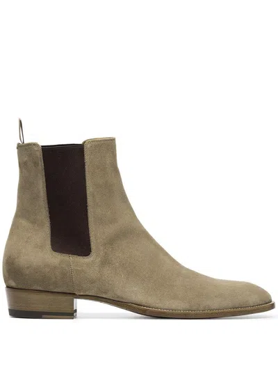 Saint Laurent Wyatt 30 Light Brown Suede Ankle Boot In Beige