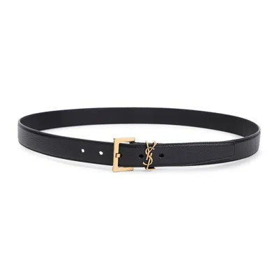 Saint Laurent Adjustable Belt Textured Gold-tone Buckle In Black