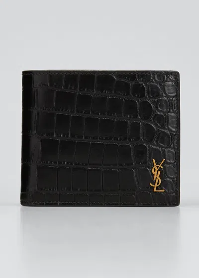 Saint Laurent Men's Ysl Croc-embossed Bi-fold Wallet In Nero
