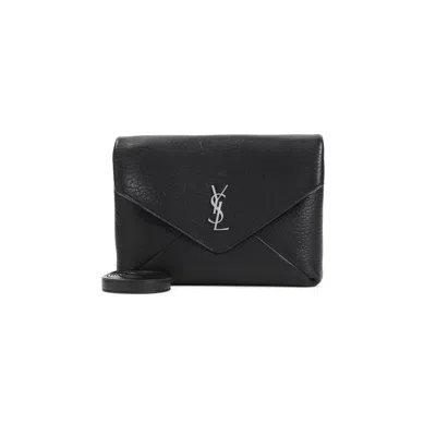 Saint Laurent Rectangular Textured Envelope Flap Clutch Bag In Black