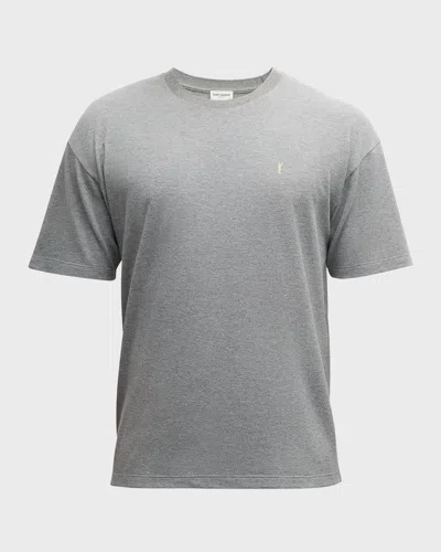Saint Laurent Grey Crewneck T-shirt With Cassandre Embroidery In Cotton Man In Gray