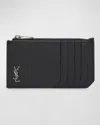 SAINT LAURENT MEN'S YSL ZIP CARD HOLDER IN GRAINED LEATHER