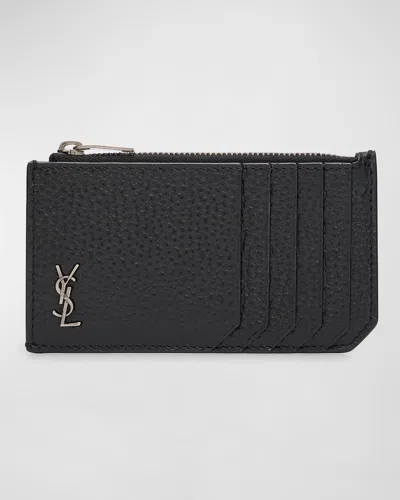 SAINT LAURENT MEN'S YSL ZIP CARD HOLDER IN GRAINED LEATHER