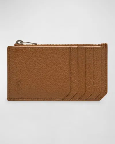 Saint Laurent Men's Ysl Zip Card Holder In Leather In Brown