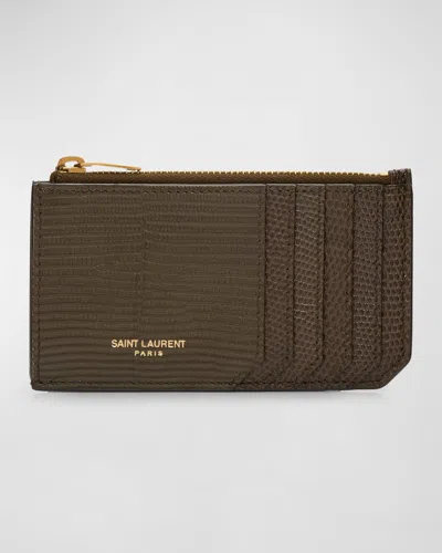Saint Laurent Men's Card Holder In Croc-effect Calfskin In Poisongrn